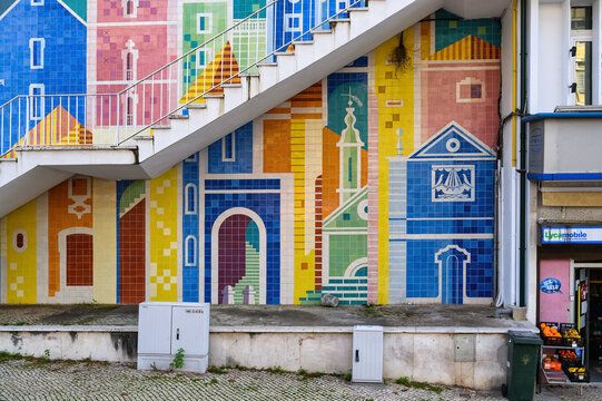 Tile art mural in the Infante Santo Avenue, Lisbon, Portugal.