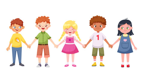 Five children of different races and ages hold hands. Vector cartoon illustration of childhood on white background