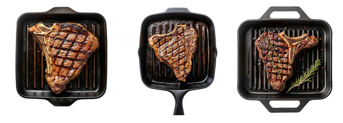 set of steak in a frying pan 