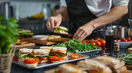 Obraz na płótnie Canvas A man is seen preparing sandwiches on a table in a kitchen