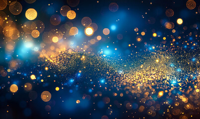 Golden Glittering Particles and Bokeh Lights Floating in Abstract Blue Luminous Space