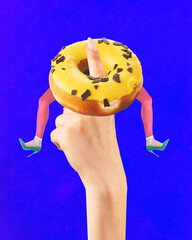 Contemporary art. collage. Hands holding on finger sweet, delicious donut with female legs in high...