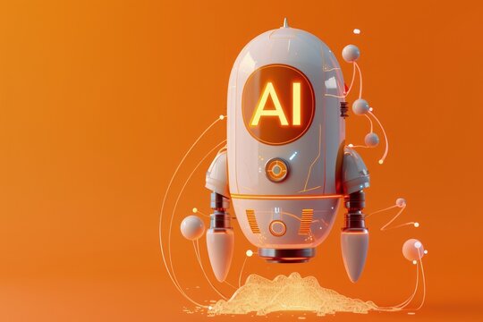 AI robot on orange background, concept of artificial intelligence, technological advancement, future technology.