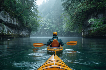 A kayaker, in striking yellow, paddles through a tranquil forest-lined river shrouded in mist