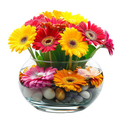 Vibrant Gerbera Daisies Arrangement in a Clear Glass Vase, Concept of Floral Beauty and Interior Decoration.