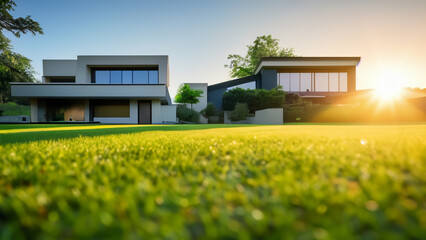 Modern Home with Lush Green Lawn at Sunset