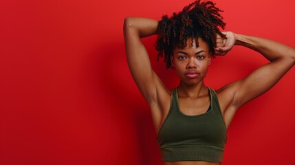 A determined woman with dreadlocks is striking a pose, flexing her biceps for a picture - Powered by Adobe