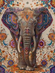 Naklejka premium Noble elephant standing, lush paisley tapestry, vibrant jewel tones, medium shot, natural light