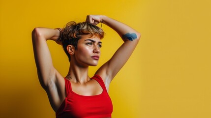 A determined woman in a red tank top striking a pose, flexing her biceps with confidence