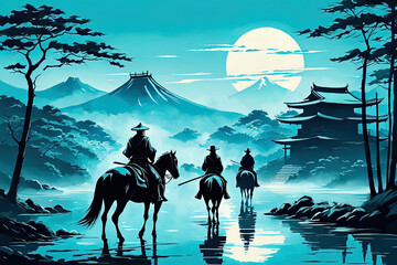 
Asian landscape in the spirit of samurai in dark contrasting colors. Acrylic paints and a pleasant color palette. Great for cards, posters, promotional materials. - obrazy, fototapety, plakaty