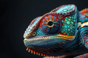 Naklejka premium Colorful Chameleon Portrait on Dark Backdrop. Concept Nature, Animals, Photography, Colorful, Portraits