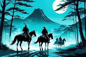Ingelijste posters  Asian landscape in the spirit of samurai in dark contrasting colors. Acrylic paints and a pleasant color palette. Great for cards, posters, promotional materials. © HAZECATS