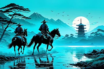 Foto auf Glas  Asian landscape in the spirit of samurai in dark contrasting colors. Acrylic paints and a pleasant color palette. Great for cards, posters, promotional materials. © HAZECATS