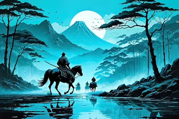 Foto auf Acrylglas  Asian landscape in the spirit of samurai in dark contrasting colors. Acrylic paints and a pleasant color palette. Great for cards, posters, promotional materials. © HAZECATS