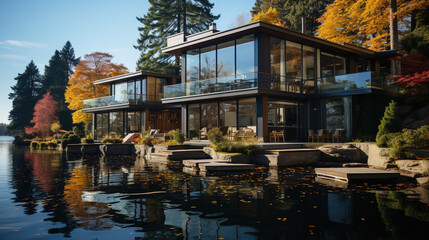 Fototapeta na wymiar A Contemporary Lakeside Retreat with Floor-To-Ceiling Windows and a Dock Extending into the Water