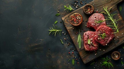 Raw Black Angus beef steaks seasoned with herbs and spices on a wooden cutting board