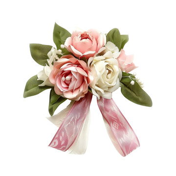Elegant Floral Corsage with Pink and White Roses and Ribbon, Symbolizing Celebration and Elegance.