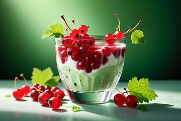 yogurt with ripe red currants in a glass isolated on a green background