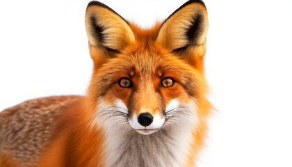 Fototapeta premium Extreme close-up and front view of a head of red fox looking at camera, isolated on white background with copy space. (Vulpes vulpes). Generative Ai.