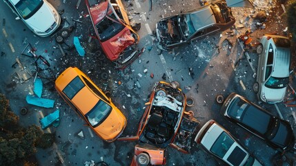 A high-angle view of several vehicles clustered in the street after a serious road collision, with emergency responders present - obrazy, fototapety, plakaty