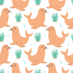 Fur seal seamless pattern on a white background. Children's background for games, nursery, textile, wrapping paper