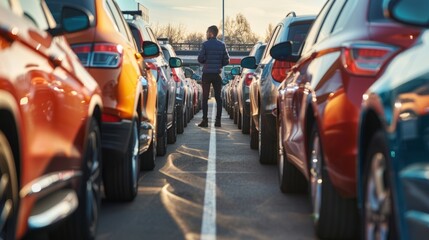 A man inspects preowned cars on a dealership lot, standing between rows of parked vehicles - obrazy, fototapety, plakaty