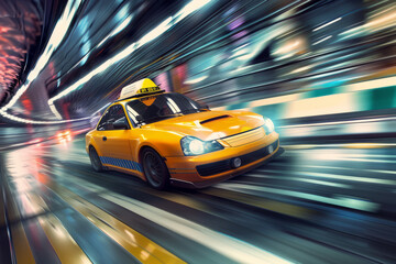 Fototapeta premium Taxi cab driving fast at night with blurry city streets in the background