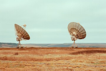 Two large satellite dishes on a field