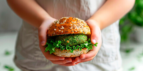 Close-up of a burger with a vegan meat patty in hands.
