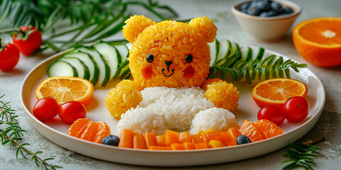 Cute set of children's lunch on a plate. Food in the shape of a cute bear. Kawaii
