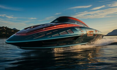 Speed Boat Racing Across Water - obrazy, fototapety, plakaty