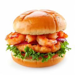 Delicious seafood burger with shrimp. Vegan shrimp burger close-up