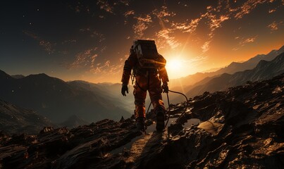 Man Hiking Up Mountain at Sunset