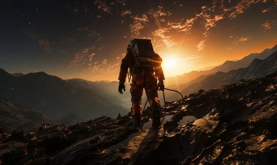 Deurstickers Man Hiking Up Mountain at Sunset © uhdenis
