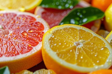 Sliced oranges, grapefruits and lemons, citrus assortment with fruits, delicious and juicy summer fruit food background concept
