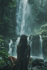 Woman sitting with a hunting bow in front of a waterfall