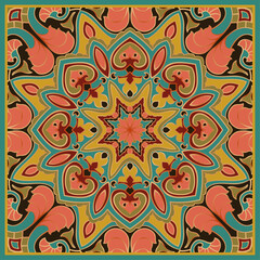 Oriental vector scarf design. Colorful vintage square pattern with frame. Ornamental floral background for a carpet, bandana, textile, rug.