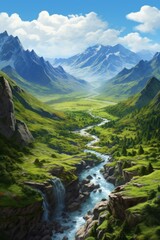 Beautiful landscape with a mountain river among the green slopes of the mountains, travel and tourism concept, vertical

