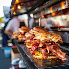 A food truck serving gourmet bacon sandwiches at a bustling street food market