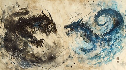 Dynamic Tiger and Dragon Painting, Traditional Eastern Yin Yang Concept Art