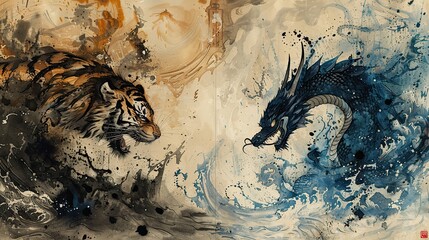 Dynamic Tiger and Dragon Painting, Traditional Eastern Yin Yang Concept Art