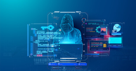 Digital Surveillance Concept with Holographic Cybersecurity Interface.Hooded figure operating a cybernetic system, overlaying a futuristic blue holographic interface with dynamic data encryption.