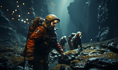 Man With Helmet and Goggles Walking in Cave