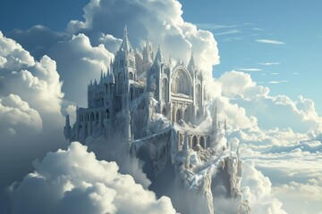 Fantastic magical flying majestic castle palace in the clouds in a fantasy world