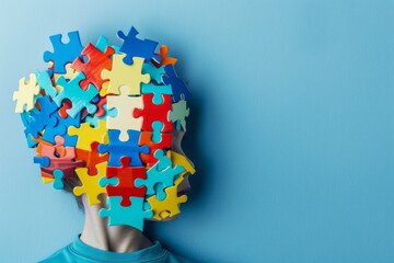 Autism awareness. child head with jigsaw puzzle pieces on blue background, world autism day concept - Powered by Adobe