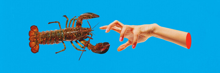 Contemporary art collage. Hand reaching out to lobster on vibrant blue background, creating playful...