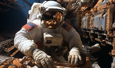 Astronaut in Space Suit Working on Wood