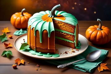 Pumpkin cake with cream, in the shape of a pumpkin
