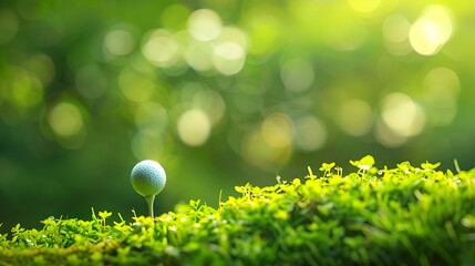 Golf ball on a green grass, copy space