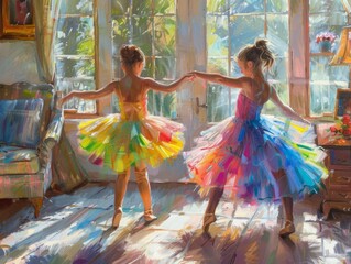 Colorful Mother Daughter Ballet Practice - Vibrant Tutus, Sunlit Room, Fluid Brushstrokes Capture...